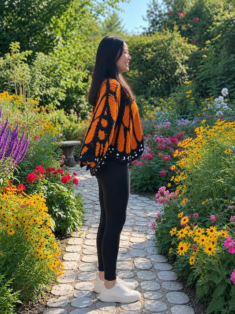 May include: A crochet sweater featuring a vibrant orange and black monarch butterfly wing pattern with white accents along the hem, paired with solid black leggings and white sneakers, worn in a profile view against a garden setting.