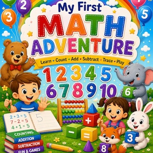 Peut inclure: Une couverture de livre éducatif colorée intitulée My First MATH ADVENTURE avec un ours, un garçon, une fille, un renard, un lapin et un éléphant. Le design inclut les chiffres de un à dix, un boulier en bois, des blocs, un crayon et un cahier.