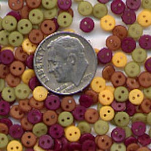 May include: A large quantity of small, two-hole buttons in shades of yellow, green, and brown. The buttons are scattered around a US dime for scale.