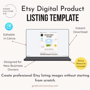 May include: A digital product listing template for Etsy displayed on a laptop screen. The graphic includes text labels pointing to features like Editable in Canva, Instant Download, Designed for New Business Owners, and Bonus Resource Included.