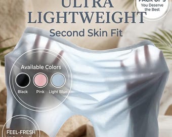May include: A pack of three ultra lightweight underwear with a second skin fit. The fabric is semi-sheer and light blue. Text on the image includes ULTRA LIGHTWEIGHT, Second Skin Fit, PACK OF 3, Available Colors, Black, Pink, Light Blue, and FEEL-FRESH.