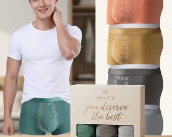 May include: A pack of three boxer briefs in orange, gold, and grey, featuring a textured front panel with circular patterns. The packaging is a beige box with the text "PACK OF 3" and "you deserve the best" printed in gold lettering on the front.