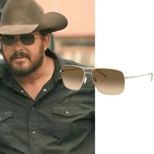May include: Gold-tone metal frame sunglasses featuring a rectangular shape and gradient brown lenses. The eyewear has a thin bridge and slender temples, providing a classic look with a light-colored lens tint that transitions from dark to light.