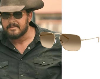 May include: Gold-tone metal frame sunglasses featuring a rectangular shape and gradient brown lenses. The eyewear has a thin bridge and slender temples, providing a classic look with a light-coloured lens tint that transitions from dark to light.