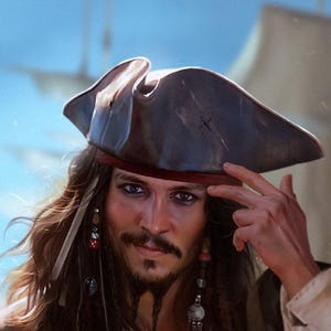 May include: A dark brown tricorn hat with a worn texture and a red fabric band. The hat features a small cross mark on the side. The wearer has long brown hair with braided sections adorned with various beads and charms, and dark eye makeup.