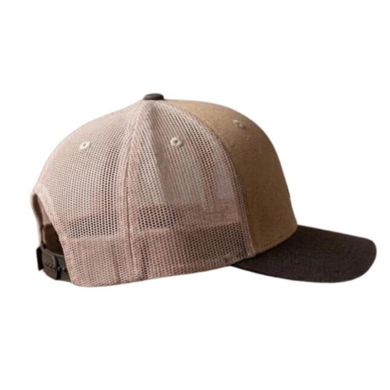 May include: A baseball cap featuring a tan front panel and a dark brown brim. The side and back panels are constructed from a light tan mesh material. The cap includes an adjustable plastic snapback closure at the rear for a secure fit.