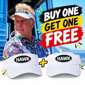 May include: Two white sun visors featuring a black oval patch with the word HAWK in white capital letters. The visors have a curved brim and an adjustable strap. The text BUY ONE GET ONE FREE is displayed in large bold letters.