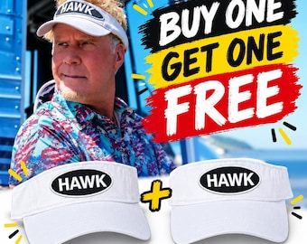 May include: Two white sun visors featuring a black oval patch with the word HAWK in white capital letters. The visors have a curved brim and an adjustable strap. The text BUY ONE GET ONE FREE is displayed in large bold letters.