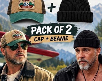 May include: A two-piece set featuring a tan and green mesh-back trucker cap with a Bush Pilot patch and a solid black ribbed knit beanie. The text PACK OF 2 CAP + BEANIE is displayed in the centre of the image between the two headwear items.