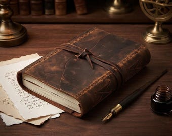May include: A dark brown leather journal with a wrap-around tie closure, featuring visible stitching along the edges. The journal is placed next to a fountain pen, a small glass ink bottle, and a piece of aged paper with handwritten cursive text.