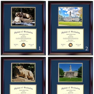 May include: Four framed diploma prints with a blue mat and mahogany frame. Each print features a diploma with a gold seal and a photo of either the Penn State Nittany Lion statue or the Old Main building on the Penn State campus.