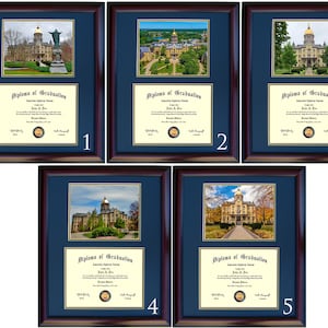 May include: Five framed diploma prints with different photos of a university campus. Each print features a diploma with the text "Diploma of Graduation" and a photo of the university building. The photos include a view of the building from the front, a view from the side, and a view from above.