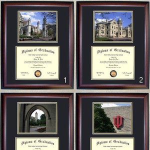 May include: Six framed diplomas with photographs of buildings and monuments. Each diploma is in a dark brown frame with a black mat. The diplomas are for East Valley Career High School. The photographs include buildings and monuments.