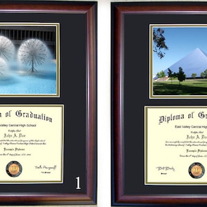 May include: Two framed diploma certificates with a black background and gold trim. The top image on the left is a fountain with three water features. The top image on the right is a building with a pyramid-shaped roof. The text on the certificates reads "Diploma of Graduation" and "East Valley Central High School".
