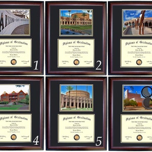 May include: Six framed diploma certificates with different images of Arizona State University buildings. Each frame has a black mat and a mahogany wood frame. The diplomas are for John A. Doe and are dated 2017.