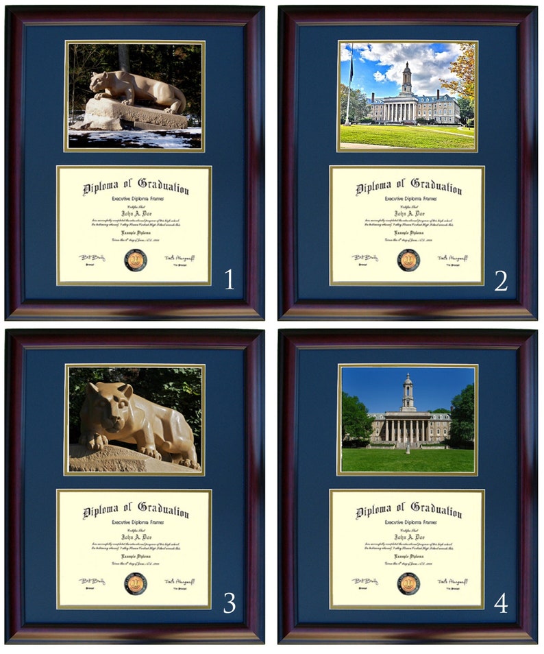 Pode incluir: Quatro impress&otilde;es de diplomas emolduradas com um passe-partout azul e uma moldura de mogno. Cada impress&atilde;o apresenta um diploma com um selo dourado e uma foto da est&aacute;tua do Le&atilde;o Nittany Lion da Penn State ou do edif&iacute;cio Old Main no campus da Penn State.