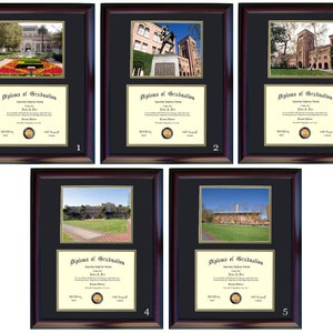 May include: Five framed diploma prints with different photos of a university campus. Each print has a black mat and a gold frame. The diploma is printed on a cream background with black text. The text on the diploma reads "Diploma of Graduation".