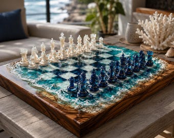 Ocean Resin Chess Set, Handmade Epoxy Chess Board with Wood Frame, Blue Coastal Game Set, Luxury Chess Lover Gift, Beach House Decor