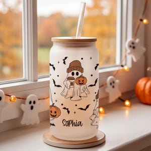 Personalized Halloween Glass Cup, Ghost Tumbler with Bamboo Lid and Straw, Spooky Pumpkin Drinkware, Reusable Fall Gift