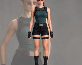 Può includere: Una canotta verde scuro senza maniche, pantaloncini neri con cintura tattica, guanti neri senza dita e stivali da combattimento neri stringati. L'abbigliamento include fasce nere per le gambe e un'imbracatura tattica nera indossata sopra le spalle.