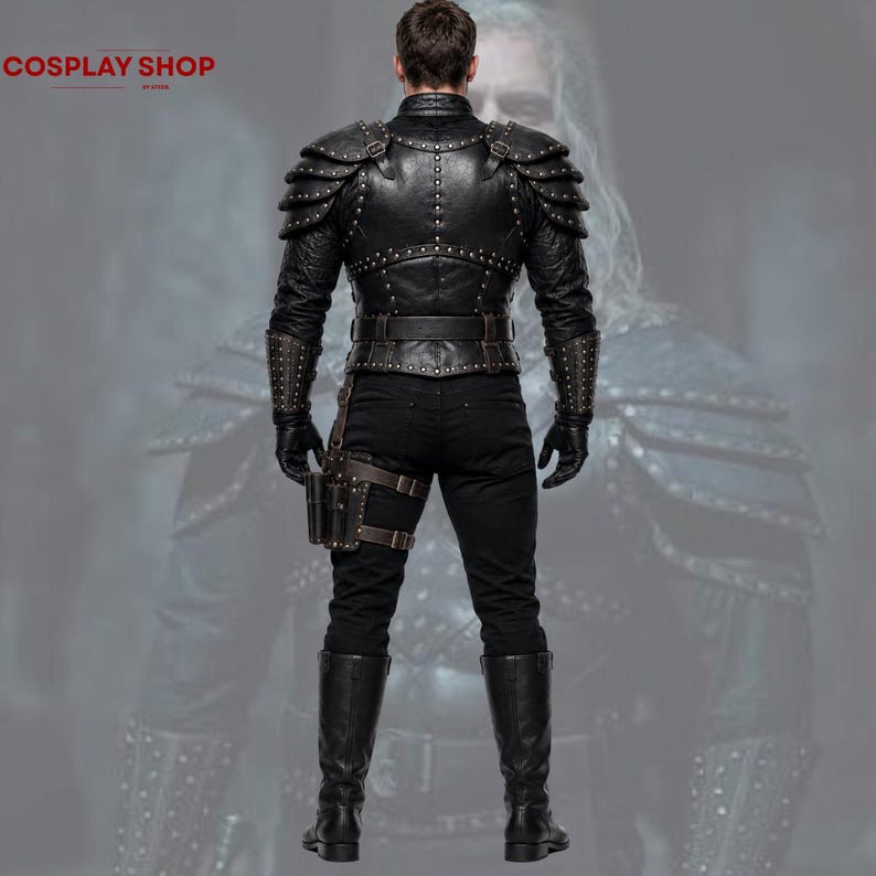 Geralt Of Rivia black warrior cosplay with leather gloves and thigh holster