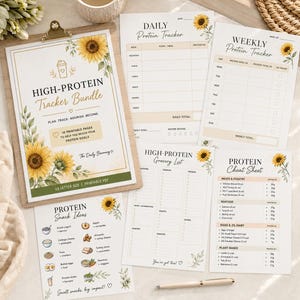 May include: A high-protein tracker bundle of printable pages featuring sunflower illustrations. The set includes a daily protein tracker, weekly protein tracker, grocery list, protein cheat sheet, and snack ideas with text in English and US letter size.