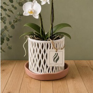 Könnte beinhalten: Ein weißer Keramik-Pflanztopf mit vertikalem Wellenmuster, der auf einem terrakottafarbenen Untersetzer steht. Eine weiße Orchidee mit grünen Blättern ist eingepflanzt. Ein quadratisches Etikett mit dem Text RAUMSTUECK und Flammensymbol hängt daran.