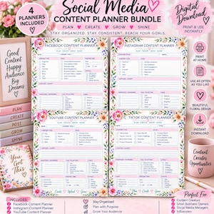 May include: A digital social media content planner bundle featuring four distinct templates for Facebook, Instagram, YouTube, and TikTok. Each planner includes sections for content type, goals, posting time, status, captions, hashtags, and call to action.