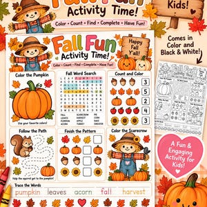 Peut inclure: Une feuille d'activités imprimable intitulée Fall Fun Activity Time présentant un épouvantail, une citrouille, un écureuil et diverses tâches sur le thème de l'automne, incluant des mots mêlés, du comptage, des suites logiques et du traçage de mots.