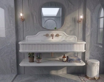 Hand-Carved White Marble Floating Vanity, Fluted Stone Basin, Ornate Wall-Mounted Sink