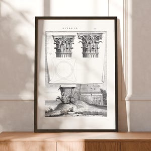 May include: A framed black and white architectural print featuring detailed illustrations of classical column capitals and a top-down geometric plan. The text LIVRE IV is printed at the top center of the illustration, which is encased in a dark frame.