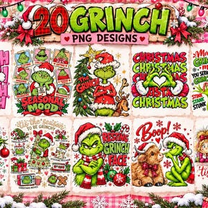 May include: A digital collection of 20 Grinch PNG designs featuring the green character in various Christmas-themed scenes. The graphics include text such as Merry Christmas, Seasonal Mood, and Resting Grinch Face, decorated with holiday elements like trees, ornaments, and gifts.