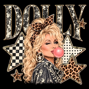 May include: A graphic illustration featuring a blonde person with a leopard print headband, winking and blowing a pink bubblegum bubble. The person wears a dark denim jacket with star patterns. The background includes the text DOLLY and stars.