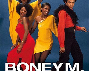 May include: A book cover titled BONEYM. DIDI ZILL – PHOTOS 1976–1982 – LIVE ON TOUR | AT HOME | STUDIO | BACKSTAGE. The cover features four individuals in vibrant red and yellow outfits against a blue background, with the publisher name at the bottom.