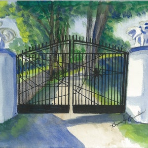 Gate Painting, Gargoyles Painting, Gate Watercolor Print , Gargoyle Wall Art, Gate Wall Art,  Gargoyle Wall Decor,