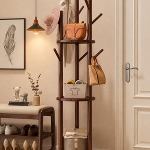 Wooden Coat Rack with Shelves, Freestanding Hall Tree, Entryway Coat Stand, Modern Clothes Rack, Walnut Hall Organizer
