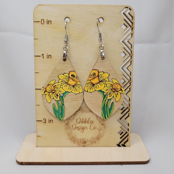 Gifts for Her: Hand painted Wood Daffodil Teardrop Earrings