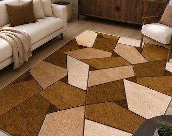Modern Geometric Area Rug, Brown Abstract Carpet, Neutral Living Room Rug, Soft Bedroom Rug, Washable Minimalist Floor Mat