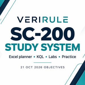 Può includere: Una copertina per sistema di studio bianca con accenti geometrici color ottanio e blu scuro. Il testo recita VERIRULE SC-200 STUDY SYSTEM, Excel planner, KQL, Labs, Practice e 21 OCT 2026 OBJECTIVES. Design con linee pulite.