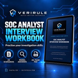 May include: A digital SOC Analyst Interview Workbook displayed on a tablet screen against a blue circuit board background. The text reads SOC Analyst Interview Workbook, 20 scenarios, model answers, and 46-page PDF. It is a digital PDF product.