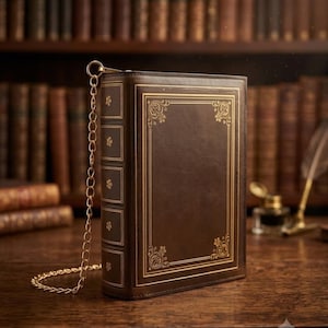 Book-Shaped Handbag – Vintage Faux Leather Purse with Gold Design, Novelty Shoulder Bag