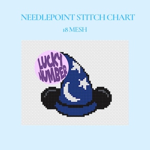May include: A needlepoint stitch chart on a light blue background with the text NEEDLEPOINT STITCH CHART and 18 MESH. The chart features a blue wizard hat with white moon and star patterns, black ears, and a pink circle with LUCKY NUMBER text.