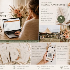 Puede incluir: Una suite digital de planificación de bodas titulada The Complete DIY Country Wedding Planner de Verdara Creative Studio. Incluye nueve libros de trabajo imprimibles, una biblioteca de recursos con códigos QR y listas de verificación.