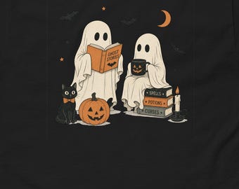 Camiseta de Halloween do Clube do Livro Fantasma Aconchegante com Gato Preto