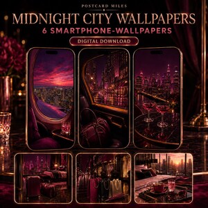 Könnte beinhalten: Ein digitales Download-Set mit sechs Smartphone-Hintergrundbildern namens Midnight City Wallpapers von Postcard Miles. Die Bilder zeigen dunkle, stimmungsvolle Stadtszenen mit violetter und roter Beleuchtung, darunter Skylines und Interieurs.