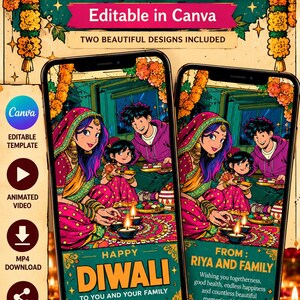 Modelo de vídeo de felicitações de Diwali, convite familiar editável no Canva, MP4 animado de Feliz Deepavali