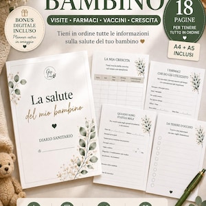 Op de afbeelding: Een digitaal gezondheidsdagboek voor kinderen genaamd 'Diario Sanitario Bambino' met pagina's voor het bijhouden van doktersbezoeken, medicijnen, vaccinaties en groei. Inclusief A4- en A5-printformaten met botanische illustraties.