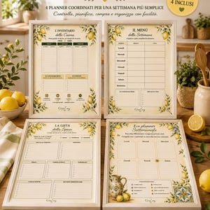 Può includere: Un kit di organizzazione cucina composto da quattro planner stampabili decorati con illustrazioni di limoni. I fogli includono L'Inventario della Cucina, Il Menù della Settimana, La Lista della Spesa ed Eco planner Settimanale.