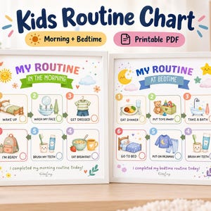 Può includere: Due poster con cornice bianca intitolati Kids Routine Chart, che mostrano una routine mattutina con sei passaggi illustrati e una routine serale con sei passaggi illustrati. Ogni passaggio include una casella numerata, un'icona colorata ed etichette di testo come Wake Up, Wash My Face, Get Dressed, Eat Dinner, Put Toys Away, Take A Bath, Go To Bed, Put On Pajamas e Brush My Teeth.