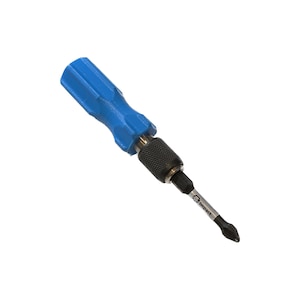 Pode incluir: Uma chave de fenda com um cabo ergonômico azul brilhante com aderência texturizada, conectada a um colar de metal preto serrilhado e uma ponta resistente a impactos de cor prateada com a palavra Impact impressa em preto na haste.